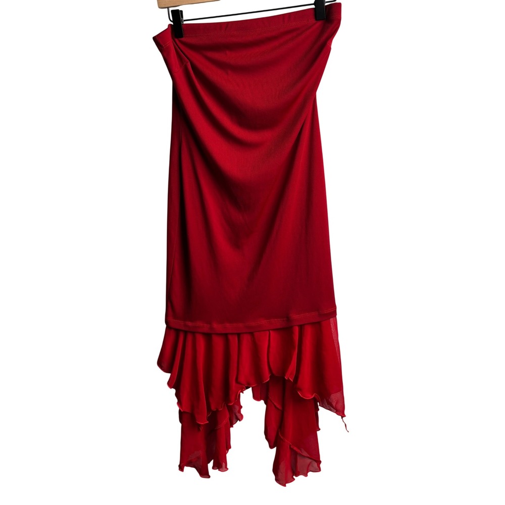 Hot Kiss Red Strapless Asymmetric Ruffle Hem Tube Dress M Y2K Vamp Indie Sleaze